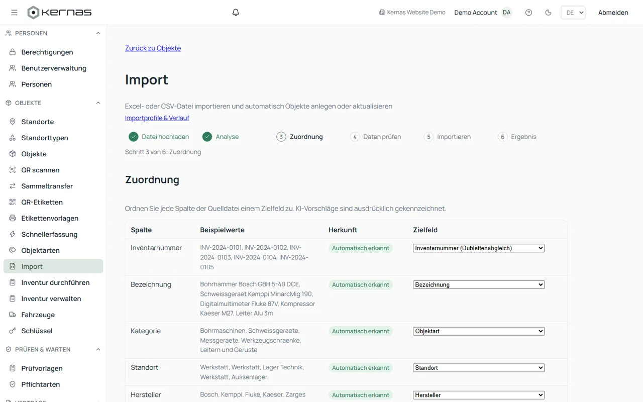 Correspondance des colonnes assistée par IA lors de l'import d'une liste d'inventaire dans Kernas