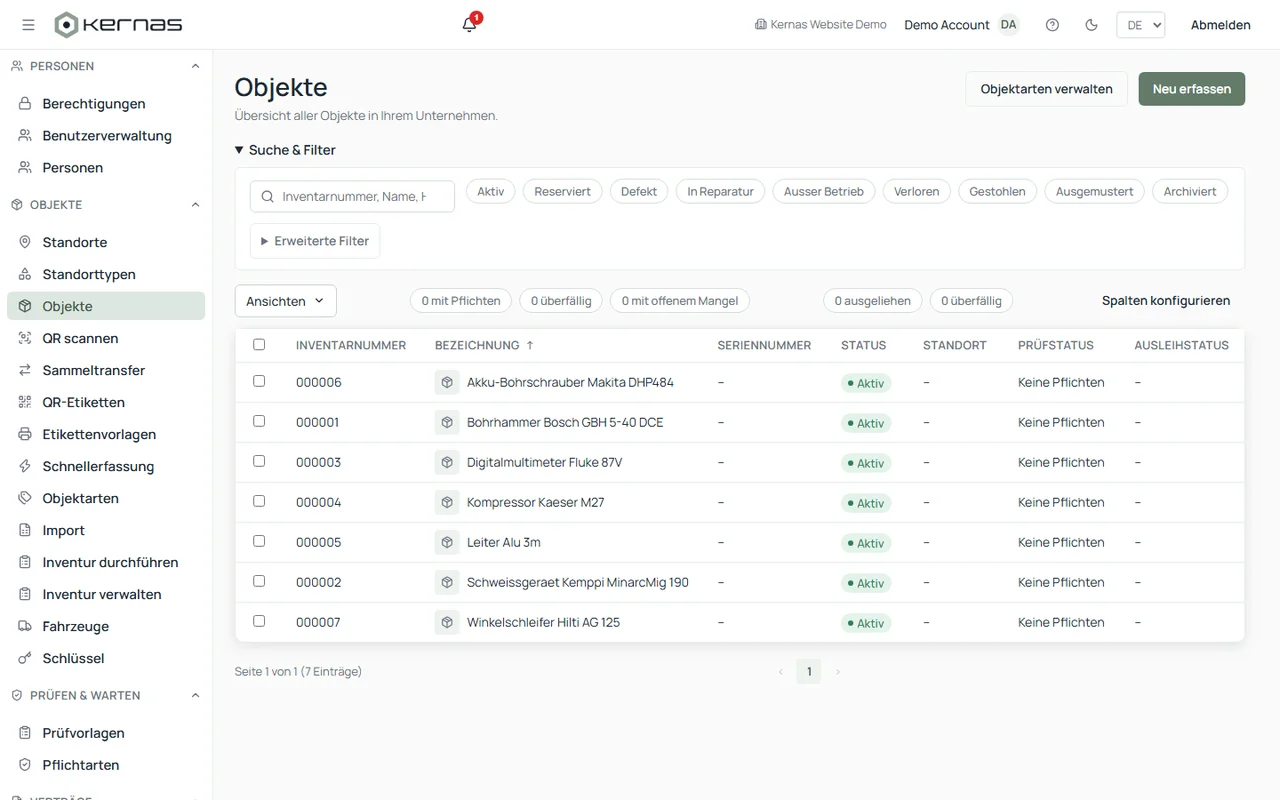 Liste d'objets dans Kernas avec statut, emplacement et statut de contrôle par objet