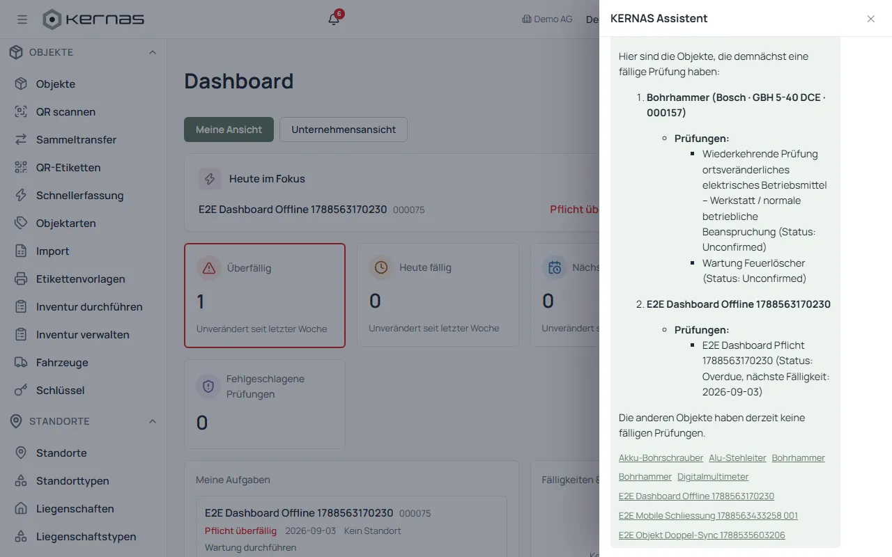 Assistant IA dans Kernas avec une question posée et une réponse affichée dans l'historique de discussion
