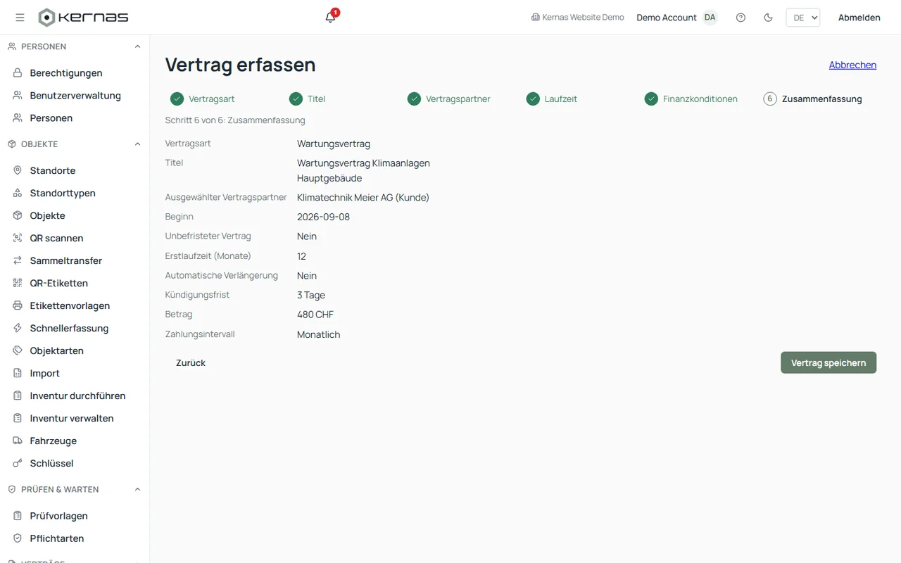Contract capture wizard in Kernas showing contract type, partner, term and conditions as a summary