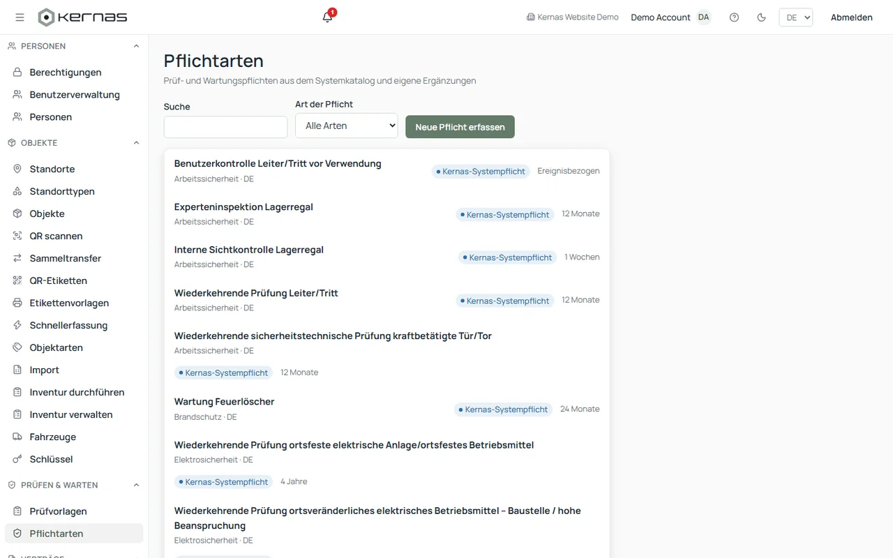 Catalogue des types d'obligations dans Kernas avec base légale et intervalle de contrôle ou de maintenance