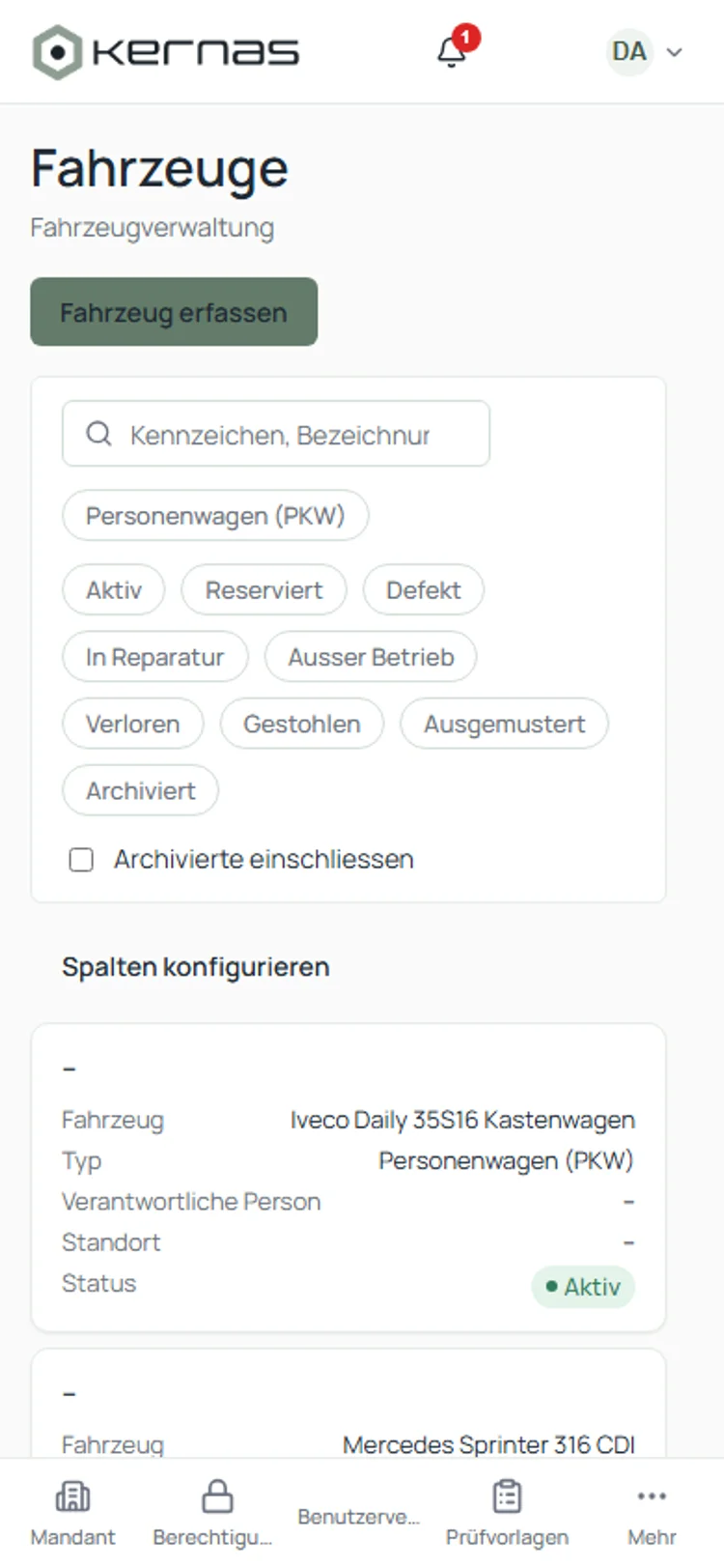 Kernas vehicle list in the mobile view with its own navigation for use on a smartphone